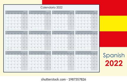 Planner 2022. Annual calendar, wall planner with free space for notes. Horizontal layout, template with 12 months on one page. Week starts from monday. Spanish language.