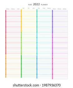 Planner for 2022 year, calendar grid. Template of organizer for schedule, events and holidays. Vector business planner, calender grid in rainbow colors