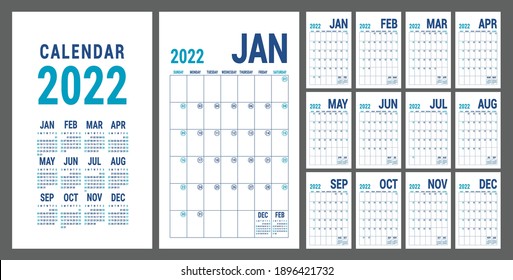 Planner 2022 year. English blue calendar template. Vector grid. Office business planning. Creative design
