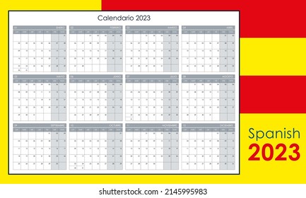 Planner 2023. Annual calendar, wall planner with free space for notes. Horizontal layout, template with 12 months on one page. Week starts from monday. Spanish language.