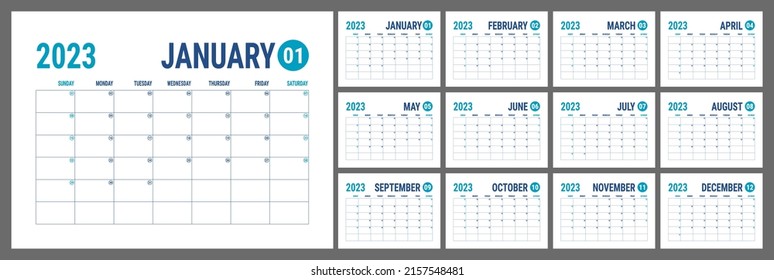 Planner 2023 year. English calendar template. Vector horizontal grid. Landscape orientation. Office business planning. Creative design. Blue color