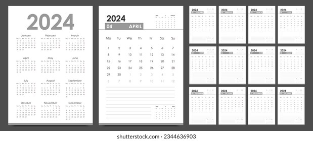 Planner 2024 year. Calendar template. Vertical orientation. The week starts on Monday, English.