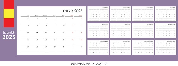 Planner for 2025, annual calendar with 12 boards with blank copy space, Spanish