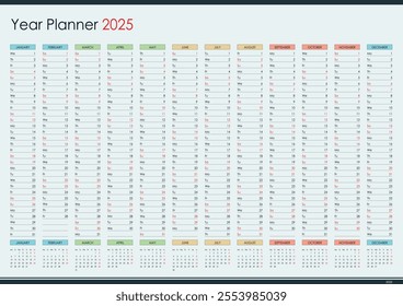 Planner for 2025, annual wall calendar, yearly one page organizer, set of 12 months in English
