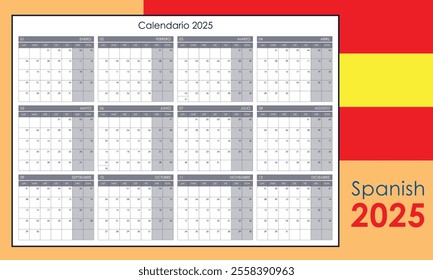 Planner for 2025 in Spanish, annual one page calendar with grid and copy blank space