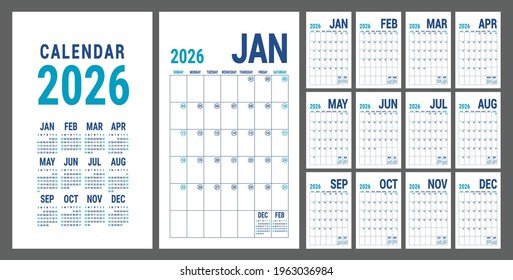 Planner 2026 year. English blue calendar template. Vector grid. Office business planning. Creative design