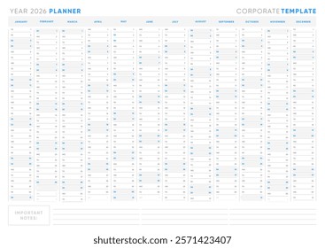 Planner 2026, Yearly Planner 2026 Sunday Start Blue Corporate Design Template