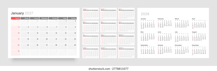 A planner for 2027 organised by months, with each week displayed starting from Sunday. 2027 monthly calendar template.