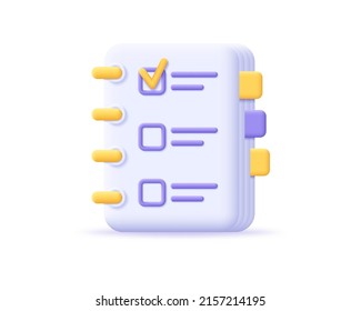 Planner 3d icon with assessment checklist and notes for business. 3d organizer for education and planning with to do list. Render vector illustration