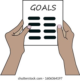 The planner in African American hands. Man (girl) holds a sheet in hand with a plan for next year. Business motivation with text plan action in notepad. Vector flat design. 