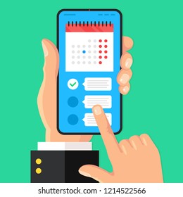 Planner app on smartphone screen. Reminder, appointment concepts. Hand holds smartphone with calendar and checklist. Task management, schedule planner. Modern flat design. Vector illustration