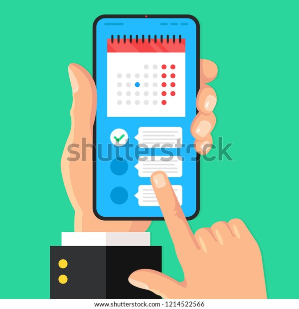スマートフォン画面のplannerアプリ アラーム 予定のコンセプト カレンダーとチェックリストとスマートフォンを手に持つ タスク管理 スケジュール プランナ モダンフラットデザイン ベクターイラスト のベクター画像素材 ロイヤリティフリー