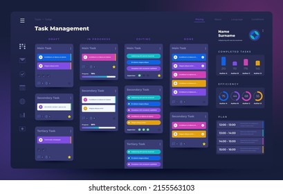 Planner app UI. Task manager and project organizer with dashboard and infographic elements. Vector dark web application interface design of application checklist, ui dashboard