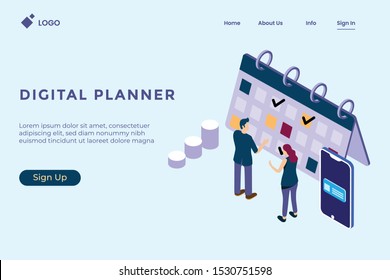 Planner application illustrations, illustration of people marking on the calendar in isometric 3d illustration style