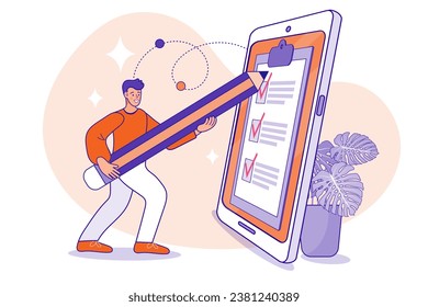 Planner application on smartphone. man use big pencil and planning purchases. Mobile technology for easy lifestyle. Flat checklist. Hands holding clipboard with checklist with red check marks. vector