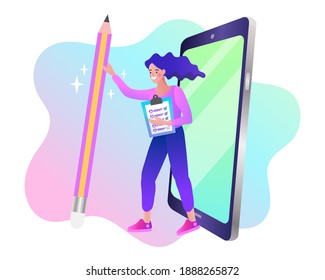 Planner application on smartphone. woman use big pencil and planning purchases. Mobile technology for easy lifestyle. Flat checklist.Trendy vector illustration.