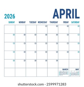 Planner April 2026 year. English calendar template. Vector square grid. Office business planning. Creative trendy design. Blue color