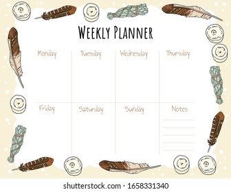 Planner boho template with candles, feathers and sage smudge sticks comic style doodles. Printable stationary mockup with wiccan witchcraft elements composition