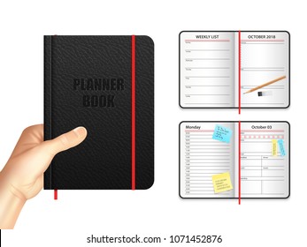 Planner book design concept with organizer in open and closed form with weekly and monthly list and stickers realistic vector illustration 