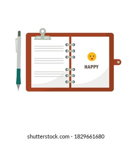 Planner with brown leather cover, with a smiley face drawn and word "happy" written on a page, and a clip and a pen