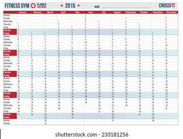 Planner Calendar 2015 with Vertical Months on white background, Calendar for bodybuilding and fitness, crossfit 