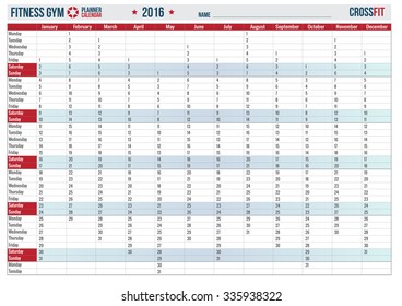  Planner Calendar 2016 with Vertical Months on white background, Calendar for  bodybuilding and fitness diet