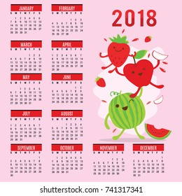 Planner Calendar 2018 Fruit Cute Cartoon Strawberry Apple Melon Vector