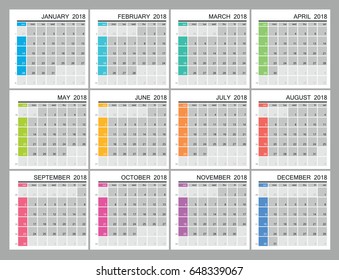 Planner calendar for 2018 year. Week start sunday, classic grid with numbers. Editable vector template for web and print design.