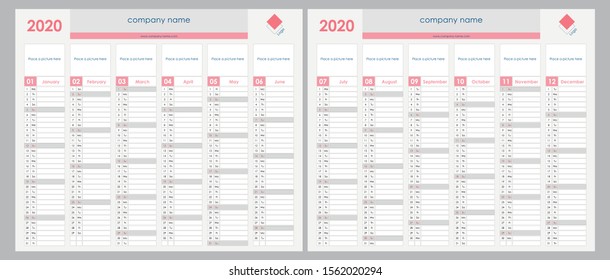 Planner calendar for 2020. Wall organizer, yerly planner template. Vector illustration. Vertical months. Two boards. Set of 12 months. Clear design.