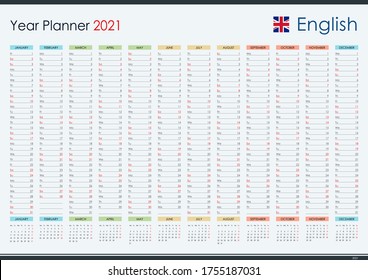 Planner calendar for 2021. Wall organizer, yearly planner template. Vector illustration. Vertical months. One page. Set of 12 months.