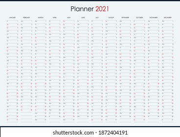 Planner Calendar For 2021. Wall Organizer, Yearly Planner Template. Vector Illustration. Vertical Months. One Page. Set Of 12 Months.