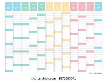 Calendario de planificación para 2021. Organizador de pared, plantilla de planificador anual. Ilustración vectorial. Meses verticales. Una página. Conjunto de 12 meses. Colores arcoiris. 