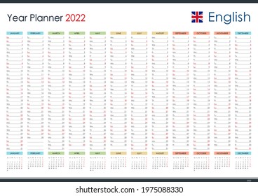 Planner Calendar For 2022. Wall Organizer, Yearly Planner Template. Vector Illustration. Vertical Months. One Page. Set Of 12 Months.
