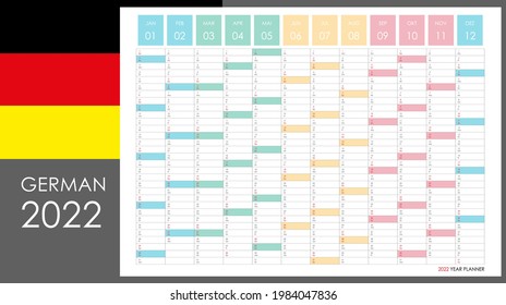 Planner calendar for 2022. Wall organizer, yearly planner template. Vector illustration. Vertical months. One page. Set of 12 months. German language.
