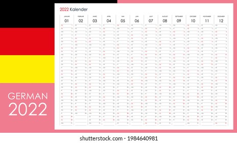 Planner calendar for 2022. Wall organizer, yearly planner template. Vector illustration. Vertical months. One page. Set of 12 months. 