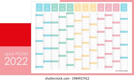 Planner calendar for 2022. Wall organizer, yearly planner template. Vector illustration. Vertical months. One page. Set of 12 months. Polish language.