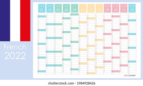 Planner calendar for 2022. Wall organizer, yearly planner template. Vector illustration. Vertical months. One page. Set of 12 months. French language.