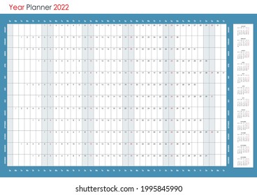 Planner calendar for 2022. Wall organizer, yearly planner template. Vector illustration. Vertical months. One page. Set of 12 months.