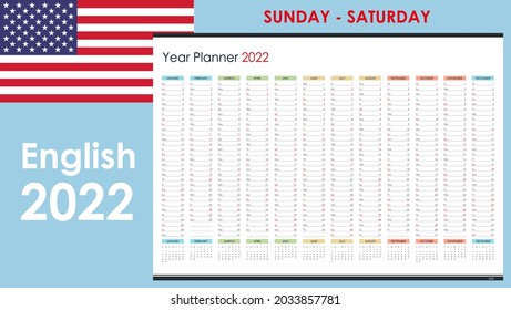 Planner calendar for 2022. Wall organizer, yearly planner template. Vector illustration. Vertical months. One page. Set of 12 months.
Starts on Sunday.