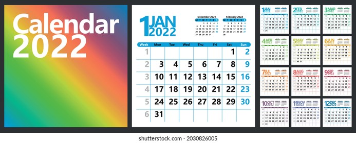 Planner calendar for 2022 with week numbers. Template for a wall calendar for a company. The week starts on Monday. Vector illustration