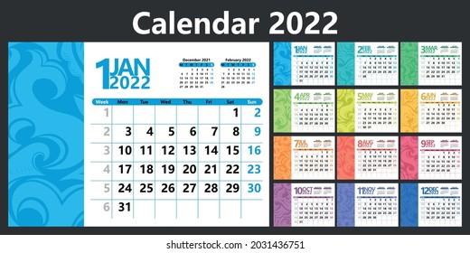 Planner calendar for 2022 with week numbers. Template for a wall calendar for a company. The week starts on Monday. Vector illustration