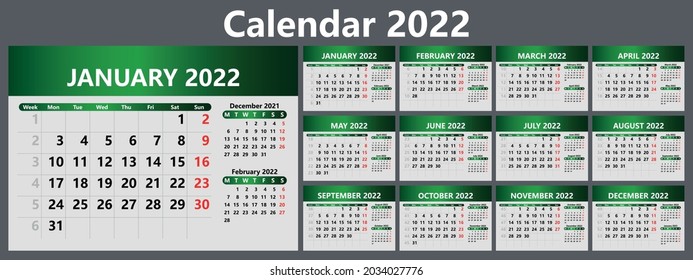 Planner calendar for 2022 with week numbers. Template for a wall calendar for a company. The week starts on Monday. Vector illustration