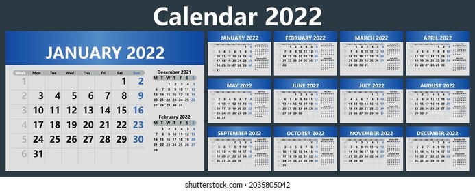 Planner calendar for 2022 with week numbers. Template for a wall calendar for a company. The week starts on Monday. Vector illustration