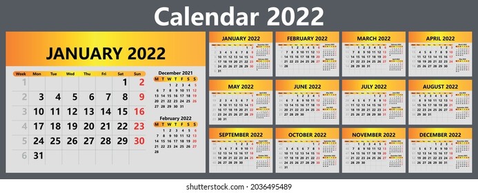 Planner calendar for 2022 with week numbers. Template for a wall calendar for a company. The week starts on Monday. Vector illustration
