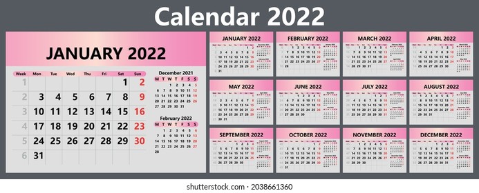 Planner calendar for 2022 with week numbers. Template for a wall calendar for a company. The week starts on Monday. Vector illustration