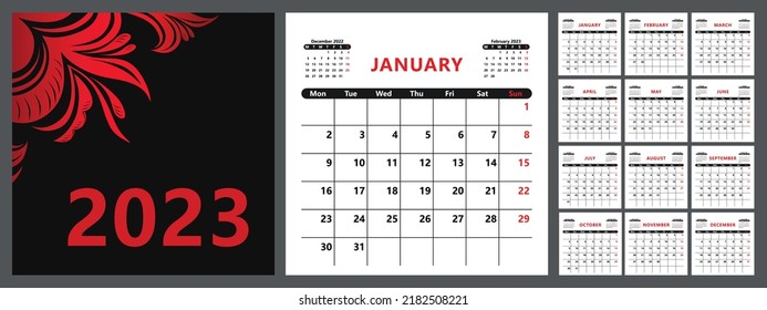 Planner calendar for 2023 with a beautiful cover, basic template. The week starts on Monday. Vector illustration