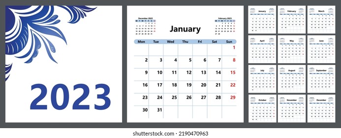 Planner calendar for 2023 with a beautiful cover, basic template. The week starts on Monday. Vector illustration