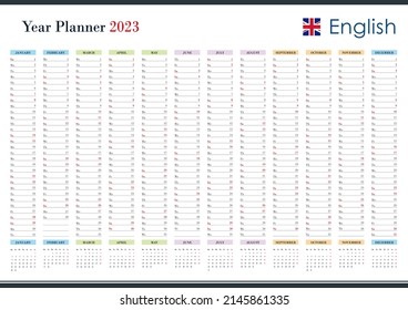 Planner calendar for 2023. Wall organizer, yearly planner template. Vector illustration. Vertical months. One page. Set of 12 months.