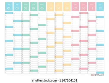 Planner calendar for 2023. Wall organizer, yearly planner template. Vector illustration. Vertical months. One page. Set of 12 months. English language. svg