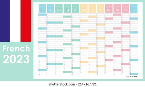 Planner calendar for 2023. Wall organizer, yearly planner template. Vector illustration. Vertical months. One page. Set of 12 months. French language. 